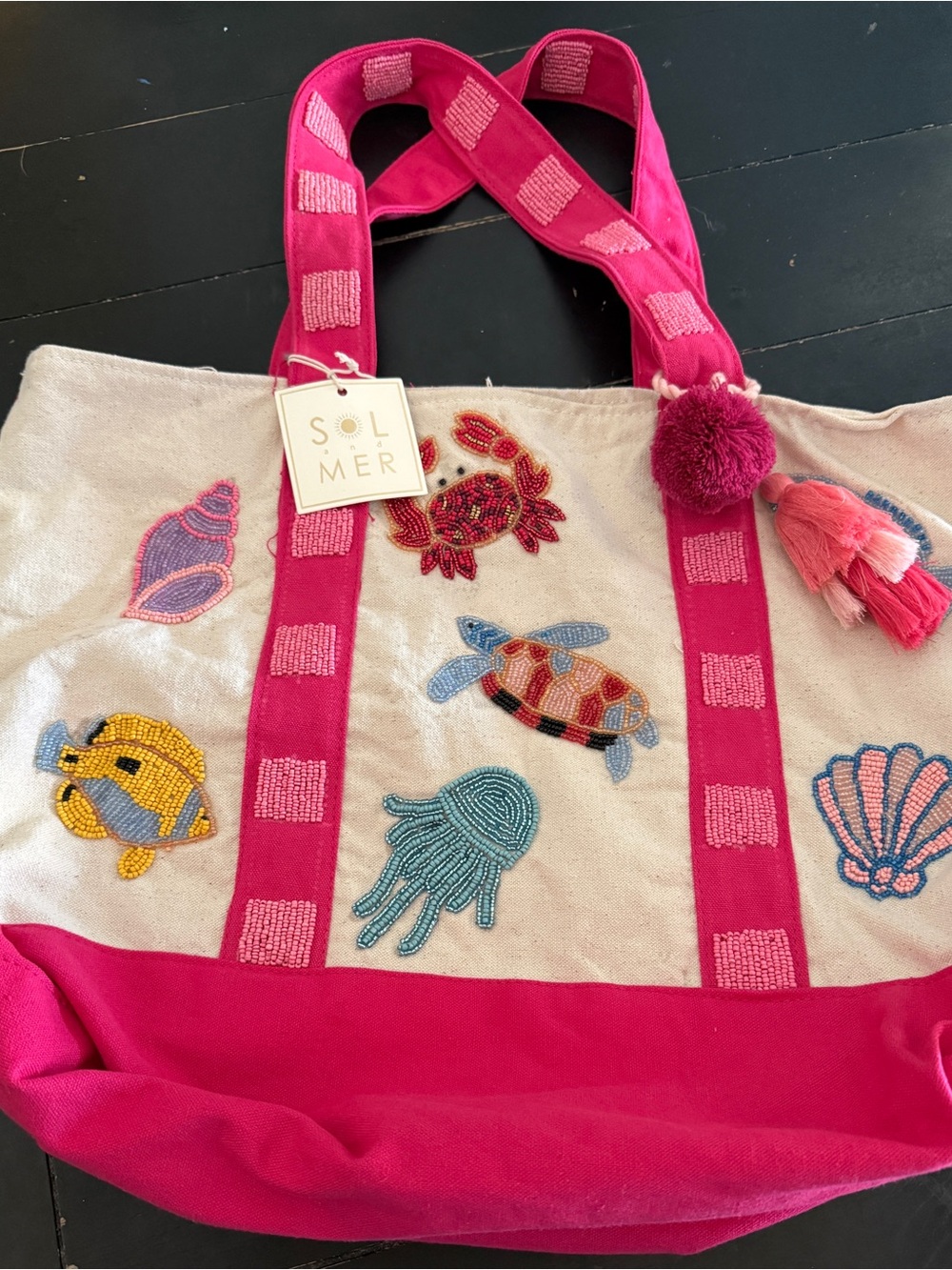 SOLMER Pink Embroidered Ocean Tote Bag NWT